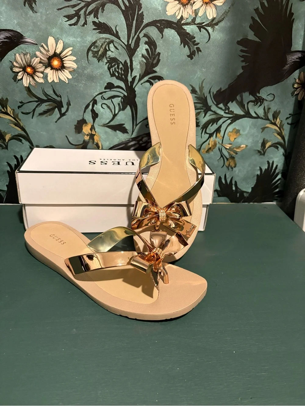 GUESS Metallic Gold Bow Slide Sandals